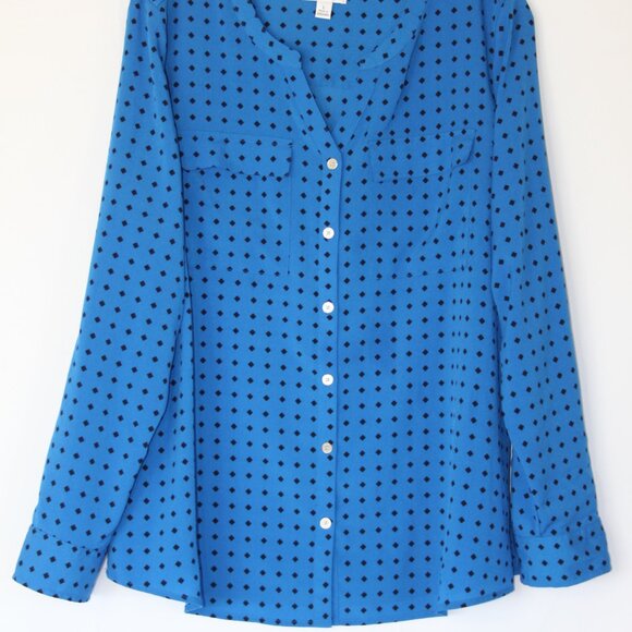 CROFT & BARROW WOMEN DIAMOND CHECK LONG SLEEVE BUTTON BLOUSE TOP SZ L ROYAL BLUE - Picture 3 of 16